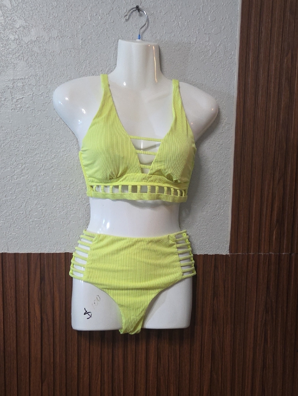 Ribbed Strappy High-Waist Bikini in Neon Yellow